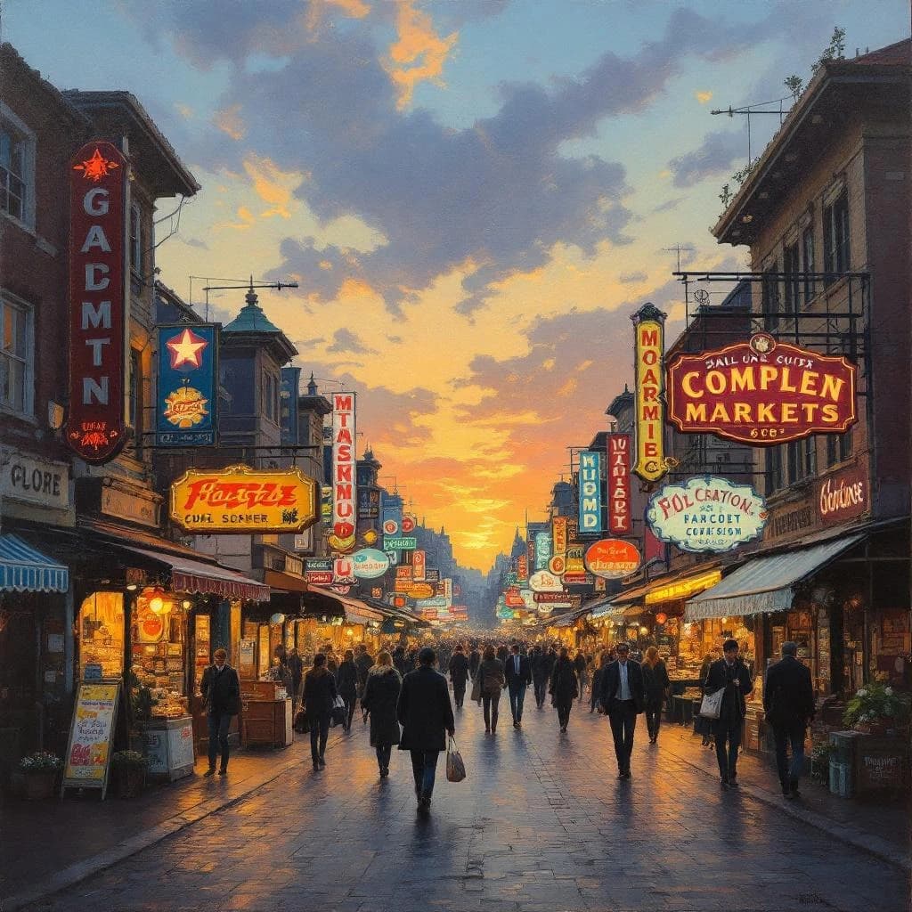 I want an oil painting of a busy market street with gaudy shop signs at dusk.