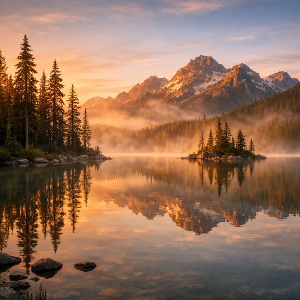 I want a photo of a misty alpine lake at dawn, pines, glassy water, warm light.