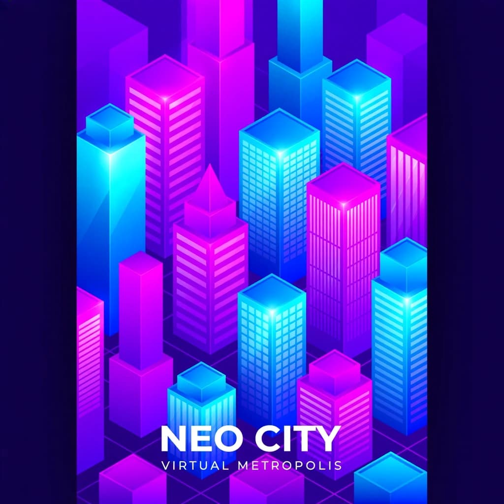 Render an isometric city poster with geometric buildings, neon gradients, gloss highlights, soft AO shadows, clean sans-serif lettering, grid layout, reflections a bit overexposed.