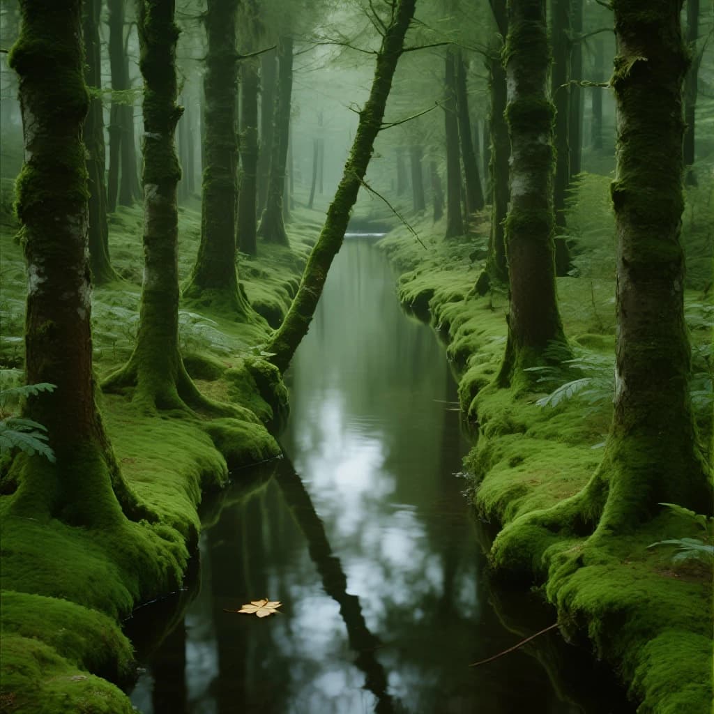 The forest is saturated green, trees identical in height and width, trunks straight, bark texture repeating. One trunk leans diagonally yet the branches remain vertical. The moss is emerald, glistening, though each patch forms identical diamond shapes. A stream runs straight, perfectly linear, water clear, reflecting clouds not visible in the sky. No animals, no insects, but one leaf floats on the water, doubled, showing two overlapping shadows.