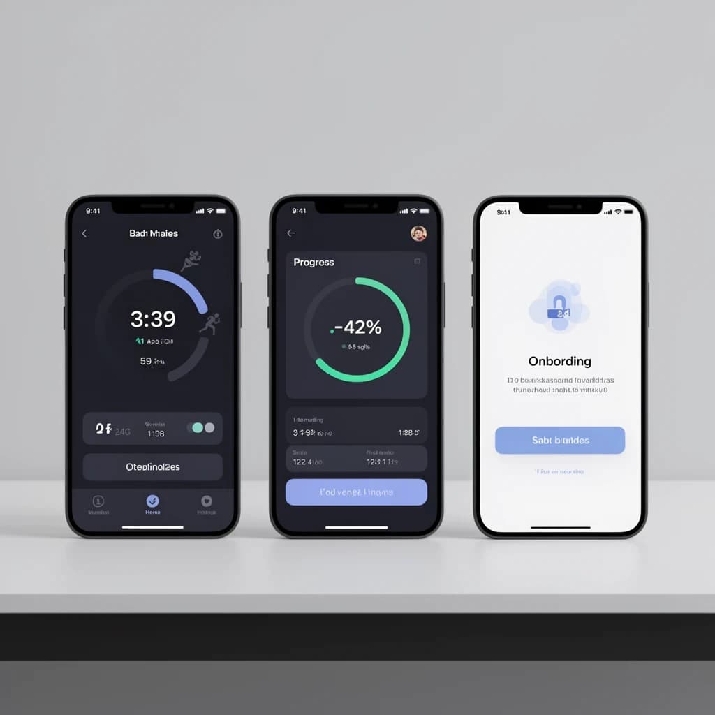 Sleek mobile fitness app screens on a desk: dark mode home, progress dashboard, simple onboarding, clear 8 pt grid, slightly oversized buttons for thumb reach, muted colors.