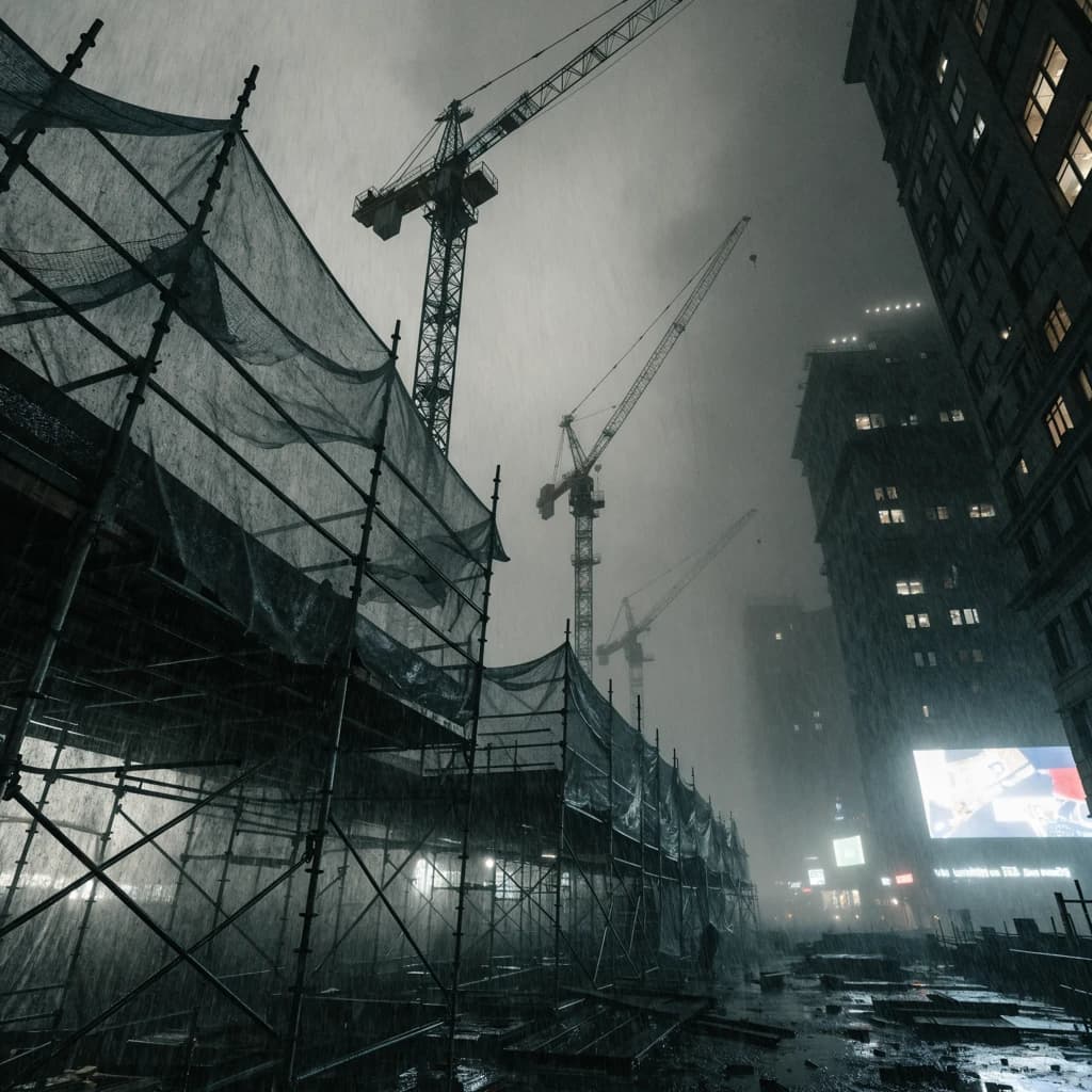 A construction site stretched upward into fog, cranes frozen in silhouette. Wind rattled scaffolding draped with torn mesh that glowed faintly from nearby billboards
