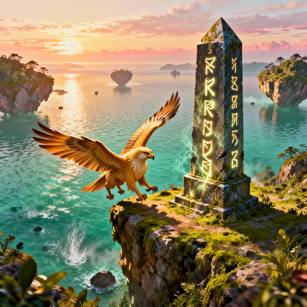 At dawn, a winged griffin lands on a mossy cliff above a jade sea beside a runed obelisk; floating isles drift under golden sunbeams, with a bit of sea spray and glowing runes.