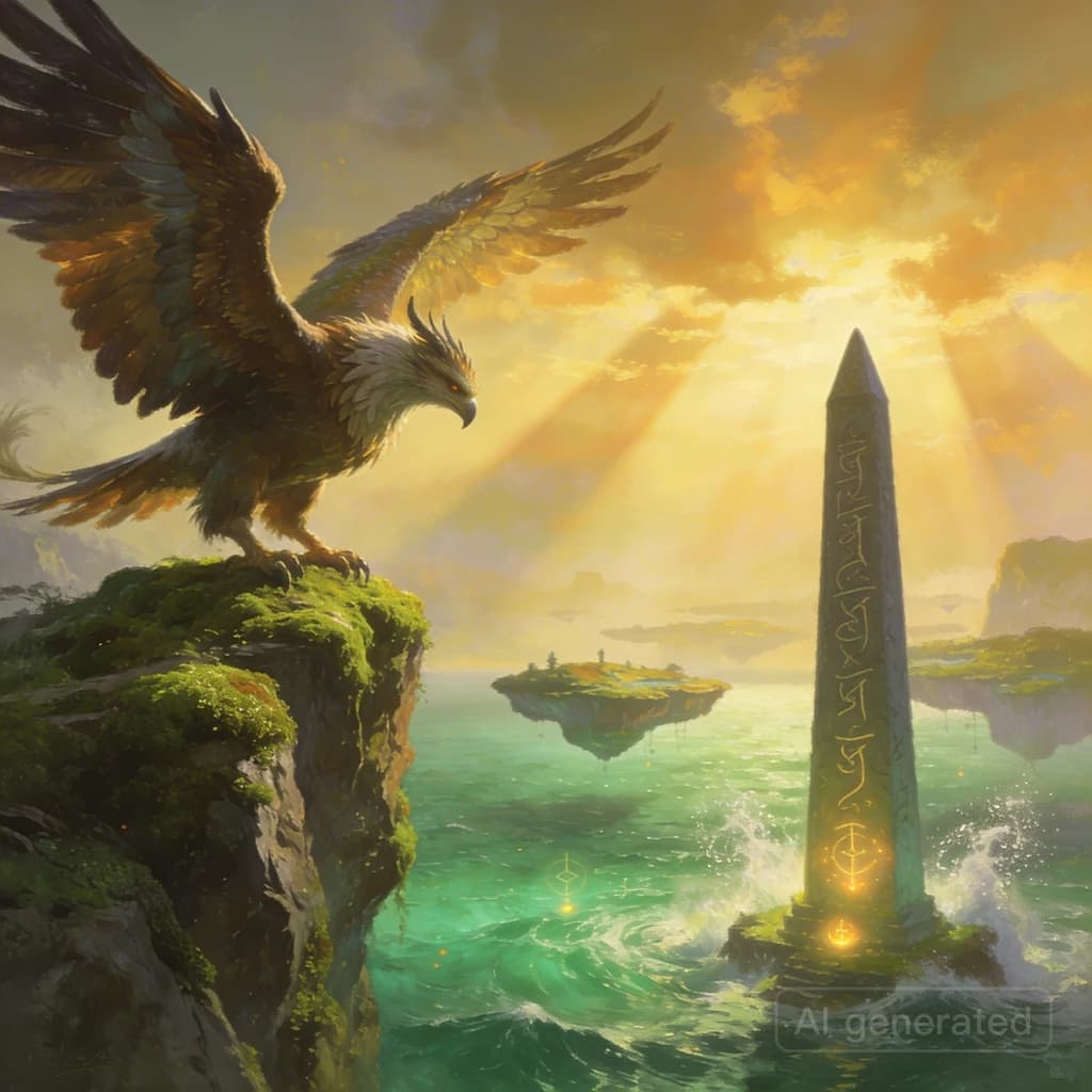 At dawn, a winged griffin lands on a mossy cliff above a jade sea beside a runed obelisk; floating isles drift under golden sunbeams, with a bit of sea spray and glowing runes.