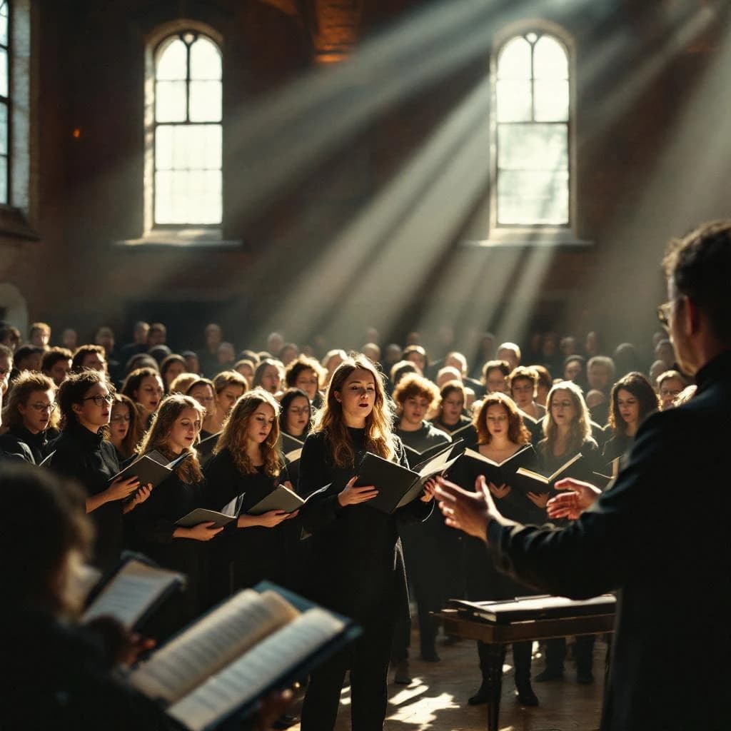 A choir rehearses in a brick hall as somewhat dramatic morning light falls through high windows, with a patient conductor mid-gesture, open scores, intent faces, slight motion blur.