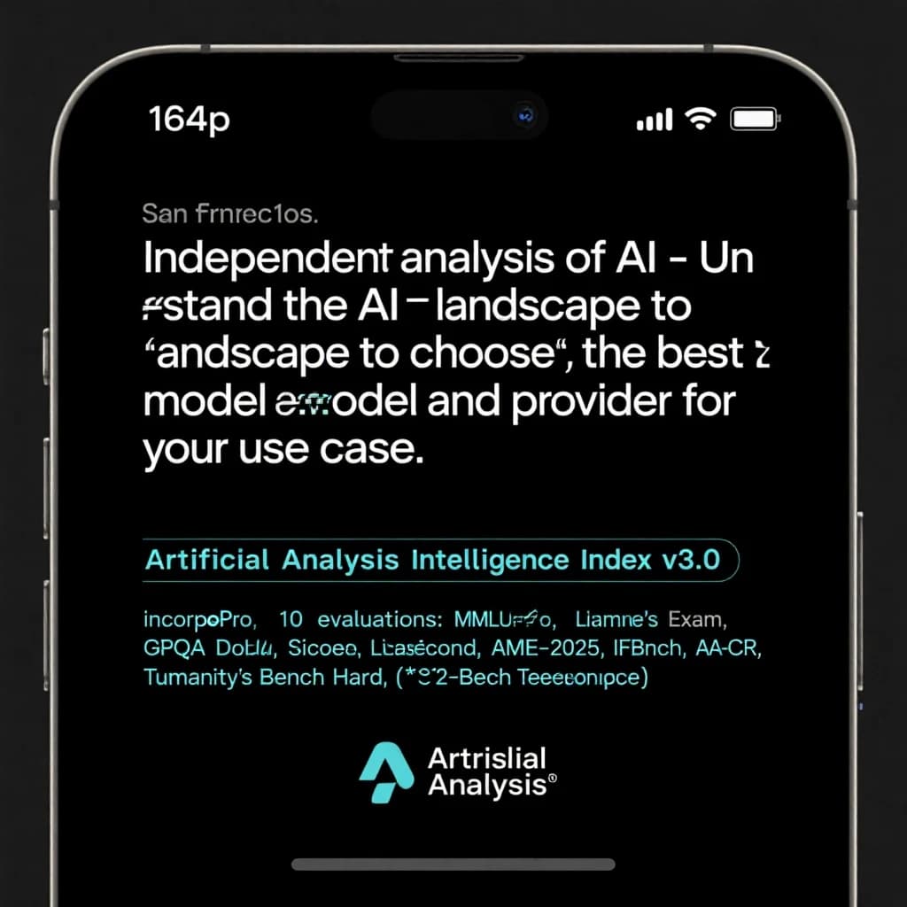 On a black smartphone UI with rounded corners, display a centered text block in white San Francisco font, 16pt: “Independent analysis of AI - Understand the AI landscape to choose the best model and provider for your use case.” Below, in neon cyan, monospace font, smaller size: “Artificial Analysis Intelligence Index v3.0 incorporates 10 evaluations: MMLU-Pro, GPQA Diamond, Humanity's Last Exam, LiveCodeBench, SciCode, AIME 2025, IFBench, AA-LCR, Terminal-Bench Hard, 𝜏²-Bench Telecom.” The second block scrolls horizontally as a ticker. The battery icon in the status bar shows 54%. The Artificial Analysis logo appears faintly, embossed into the bottom navigation bar.