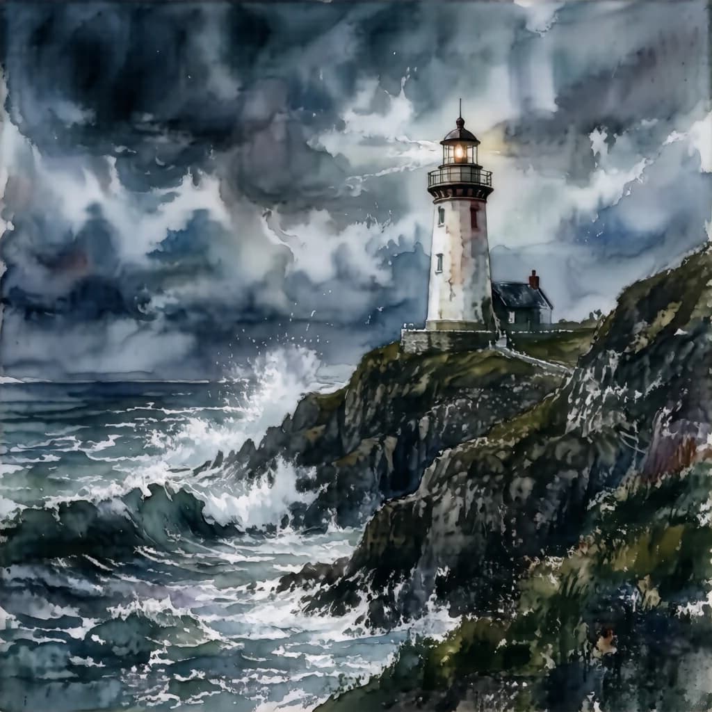 Please paint a watercolor of stormy cliffs and a lighthouse, moody sky.