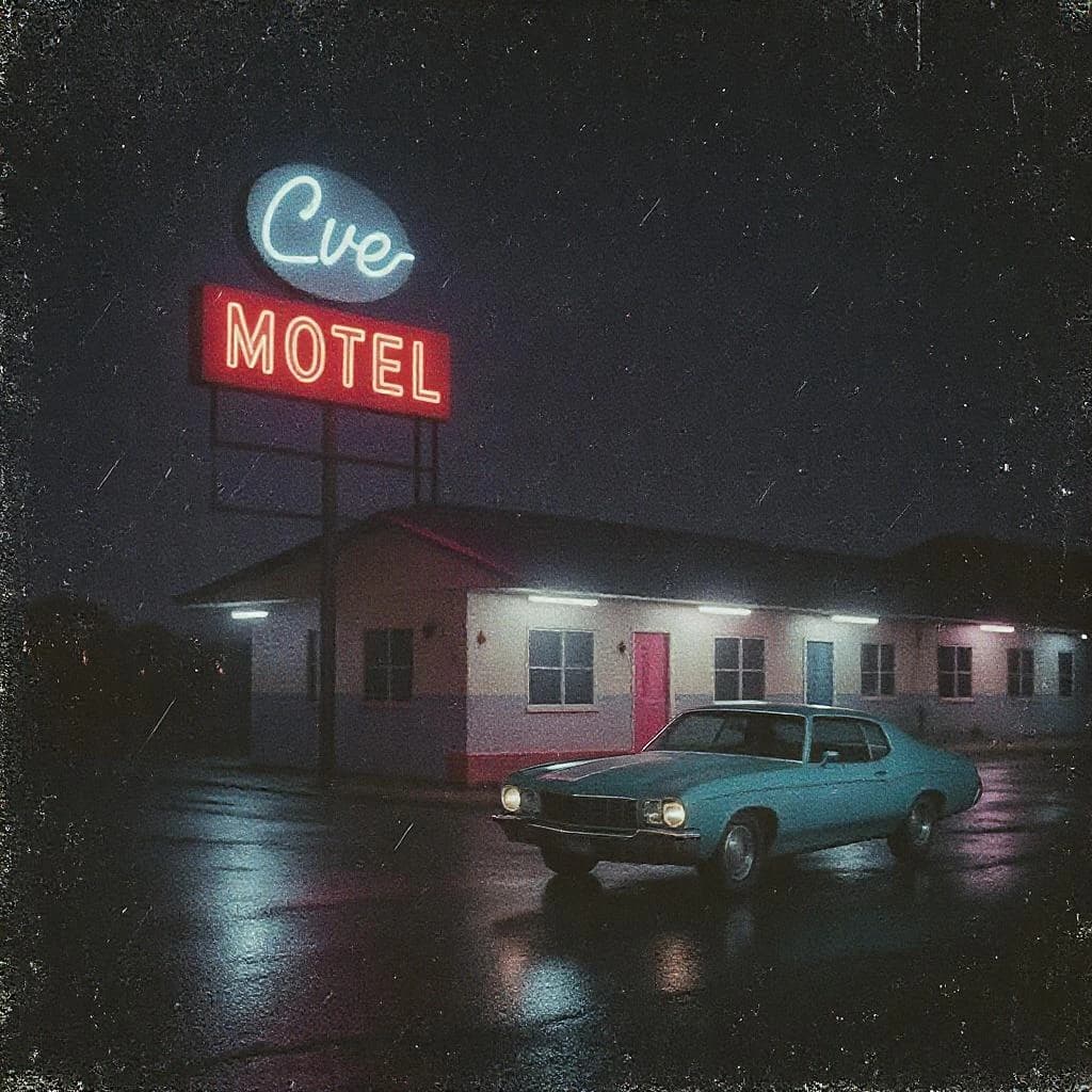 Show an old roadside motel under neon at midnight, rain on asphalt, a teal classic coupe parked; a bit of film grain, slightly faded pastels, halftone print, paper texture.