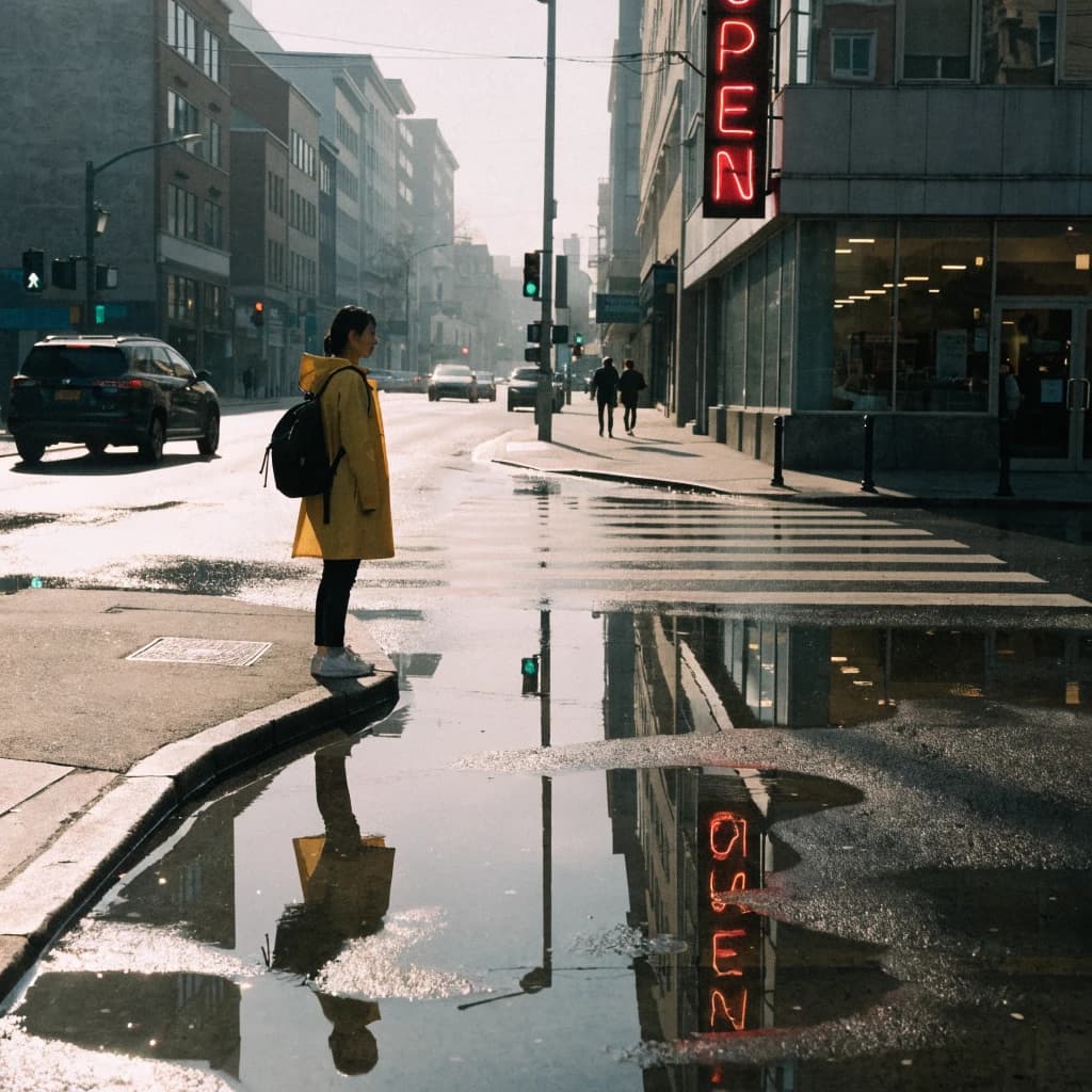 A sunlit city street after rain; puddles mirror neon signs as a woman in a yellow raincoat waits at a crosswalk, soft mist, 50mm look, natural tones, a bit of film grain.