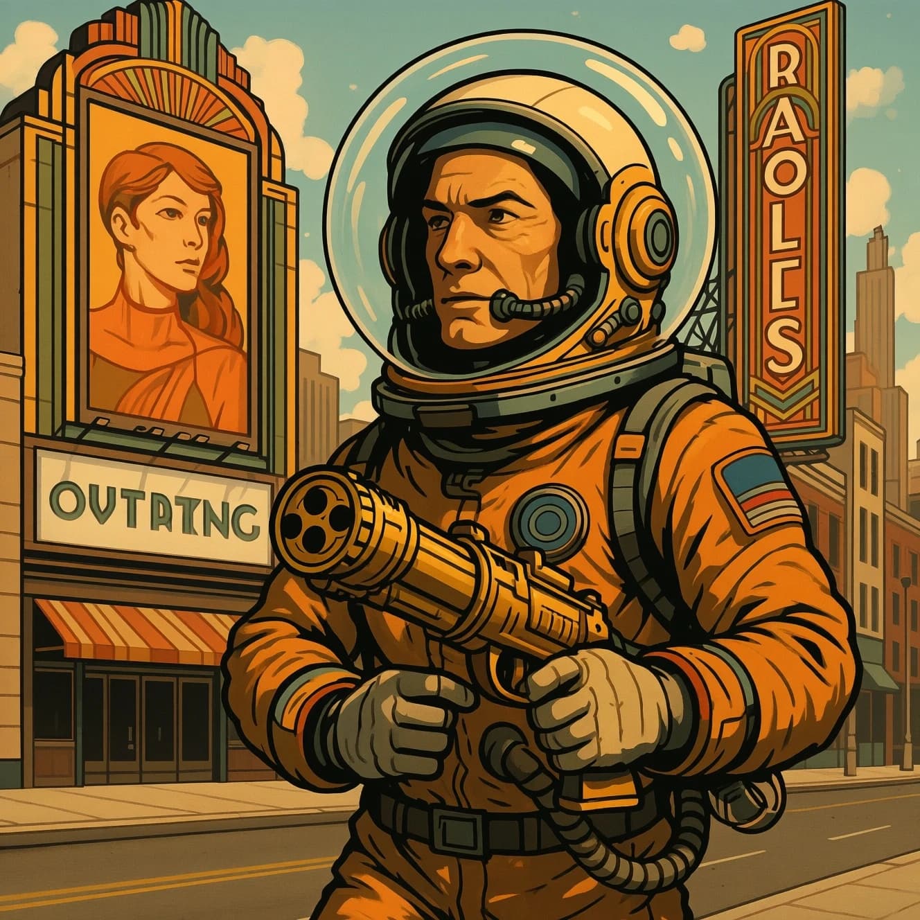 Raygun-toting astronaut in a bubble helmet strolls past art deco billboards.