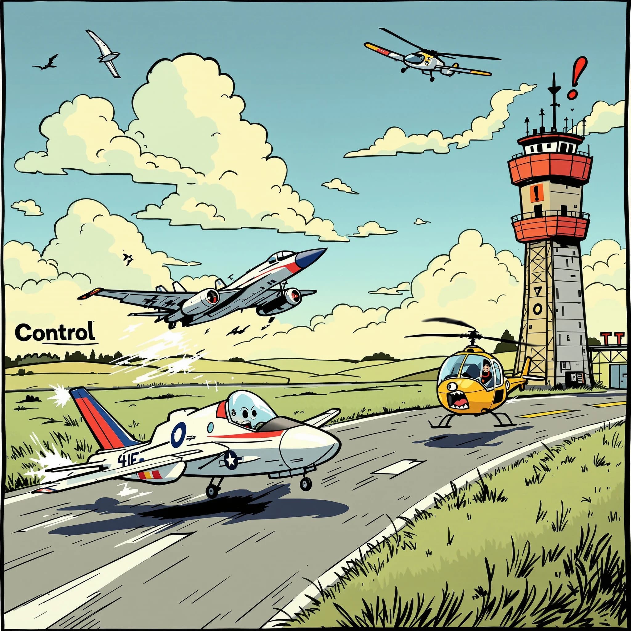Almost at the runway, Fred the Fighter Jet is racing with Barry the Bomber to see who lands first. Fred has a mischievous trick up his sleeve but Hermione the Helicopter is going to stop him before he gets the chance. The control tower is very angry and has a big exclamation mark. Hand drawn cel look