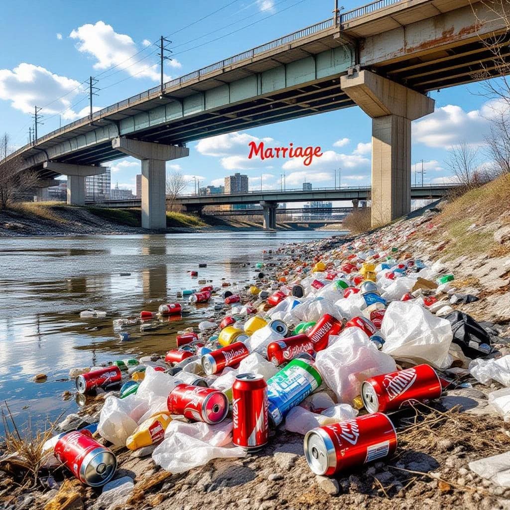 Red soda cans and other garbage sit strewn across the bank of an urban river only a few metres wide. Concrete overpasses criss cross overhead on a bright and sunny day. Fading skywriting proposes marriage