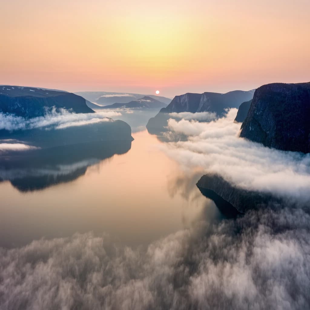 Frame a foggy fjord at sunrise, cliffs looming.