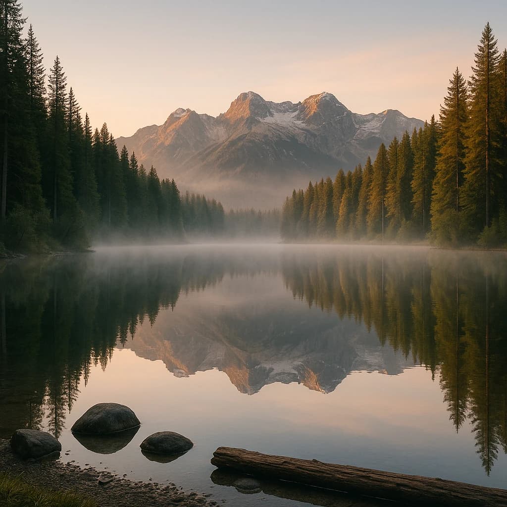 I want a photo of a misty alpine lake at dawn, pines, glassy water, warm light.