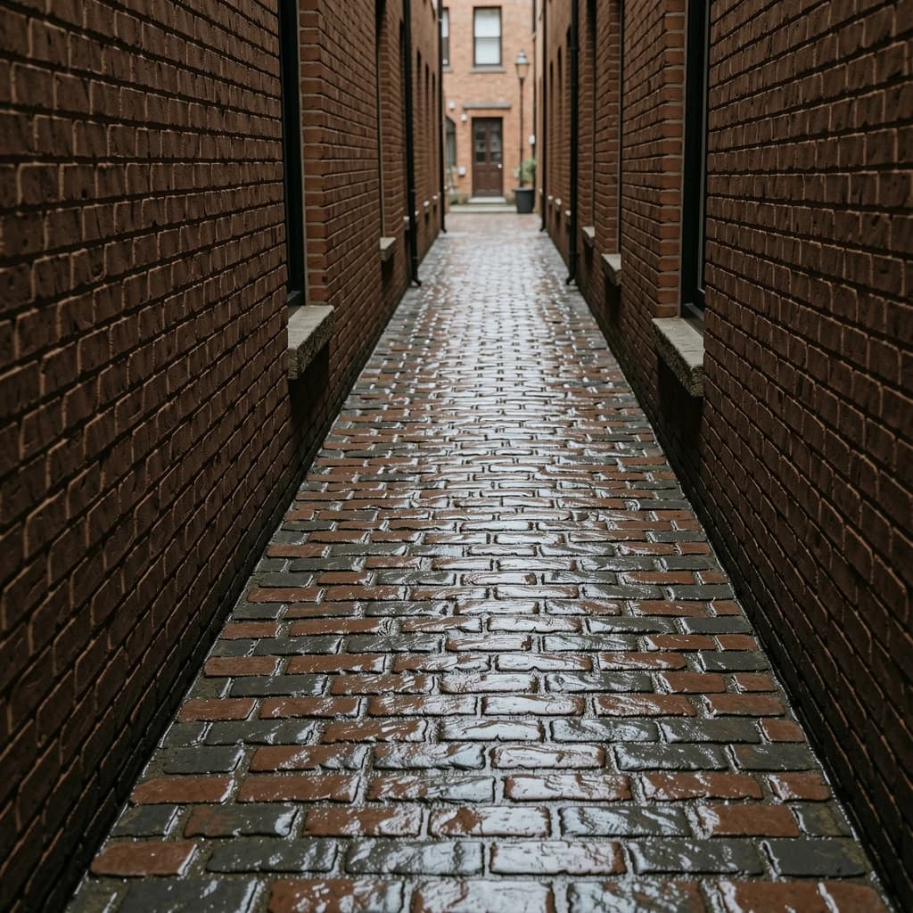 Show a narrow brick alley with wet cobblestones.