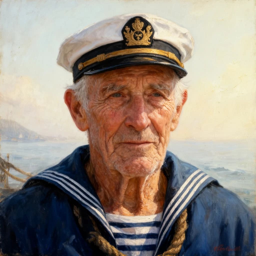 Oil on canvas portrait of an elderly sailor, weathered face, soft light.