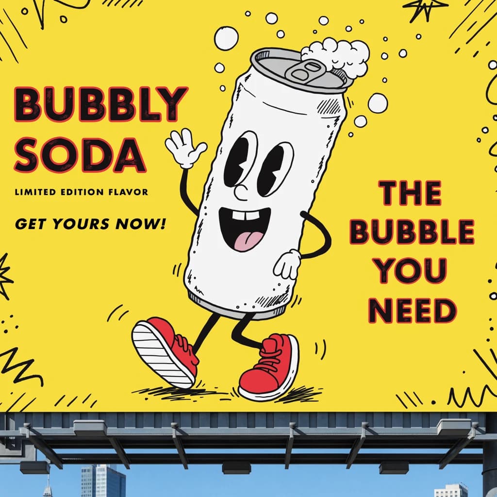 Design a bright soda billboard ad with a bubbly can mascot, thick inky lines.