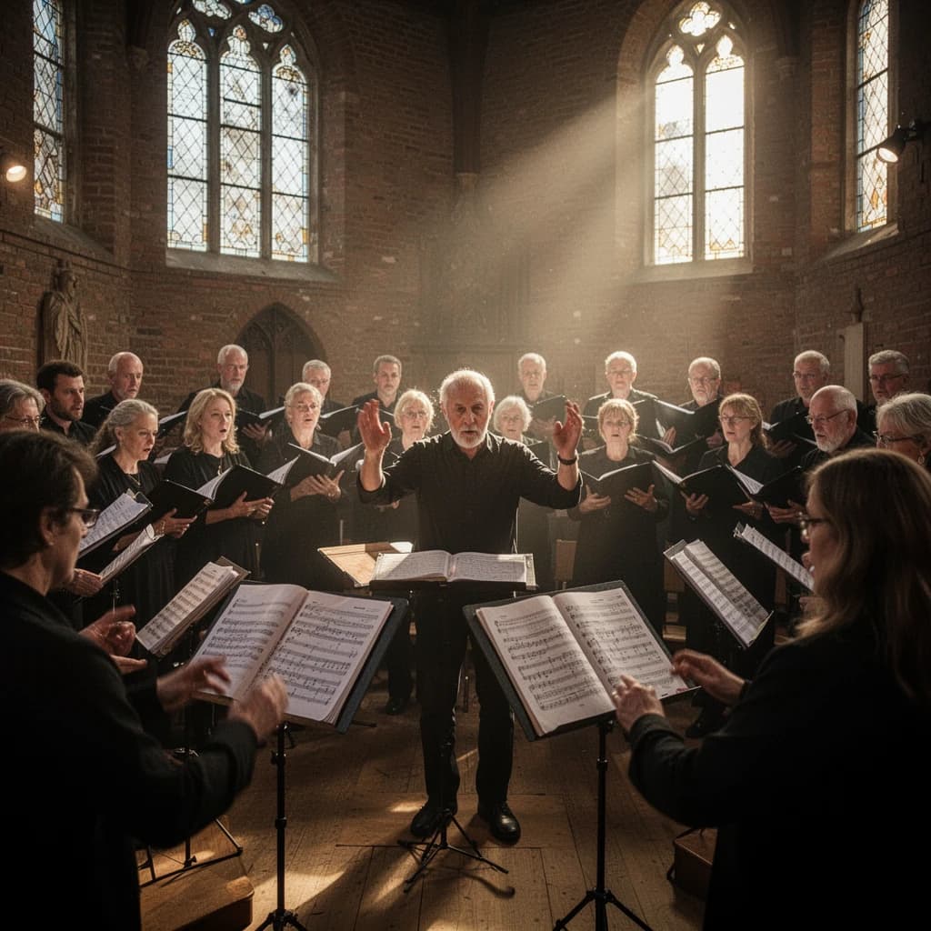 A choir rehearses in a brick hall as somewhat dramatic morning light falls through high windows, with a patient conductor mid-gesture, open scores, intent faces, slight motion blur.