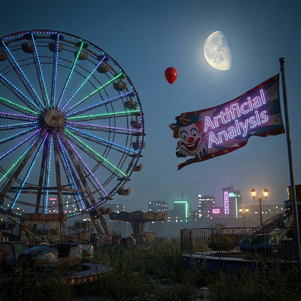 A deserted amusement park glows faintly under a half-moon. The ferris wheel is rusting yet strung with fresh, blinking LED lights. A torn clown banner flaps in a windless air. A lone balloon floats upward, tethered to nothing, while in the far distance city lights flicker on - some neon, some gas lamps as though from another century. 'Artificial Analysis' glows in neon