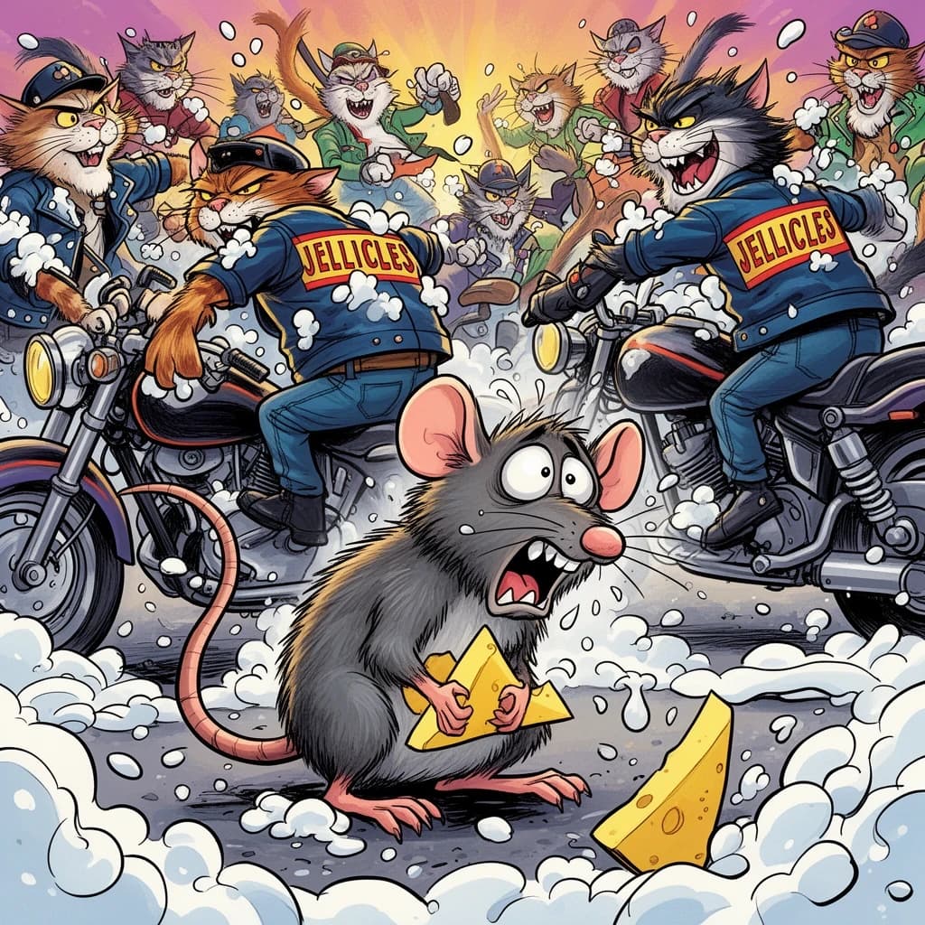 The cartoon rat clenches his thin wedge of cheese and trembles in fear as he hides from the menacing Jellicles, the roaming cat motorcycle gang, all wearing their colors with the name on the back. The cats have all drunk far too much milk and are causing a big ruckus! One cat is close to finding the rat