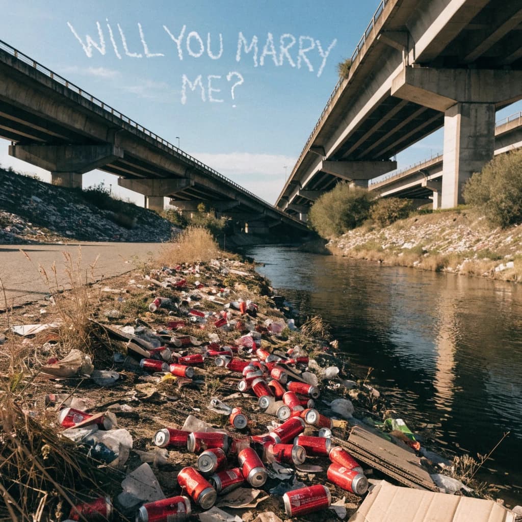 Red soda cans and other garbage sit strewn across the bank of an urban river only a few metres wide. Concrete overpasses criss cross overhead on a bright and sunny day. Fading skywriting proposes marriage