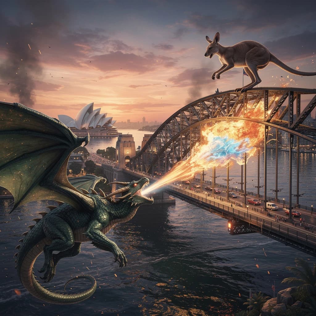 A dragon breathes fire at a kangaroo that is running away by climbing over the top of the Sydney Harbour Bridge. Opera House visible in the background.