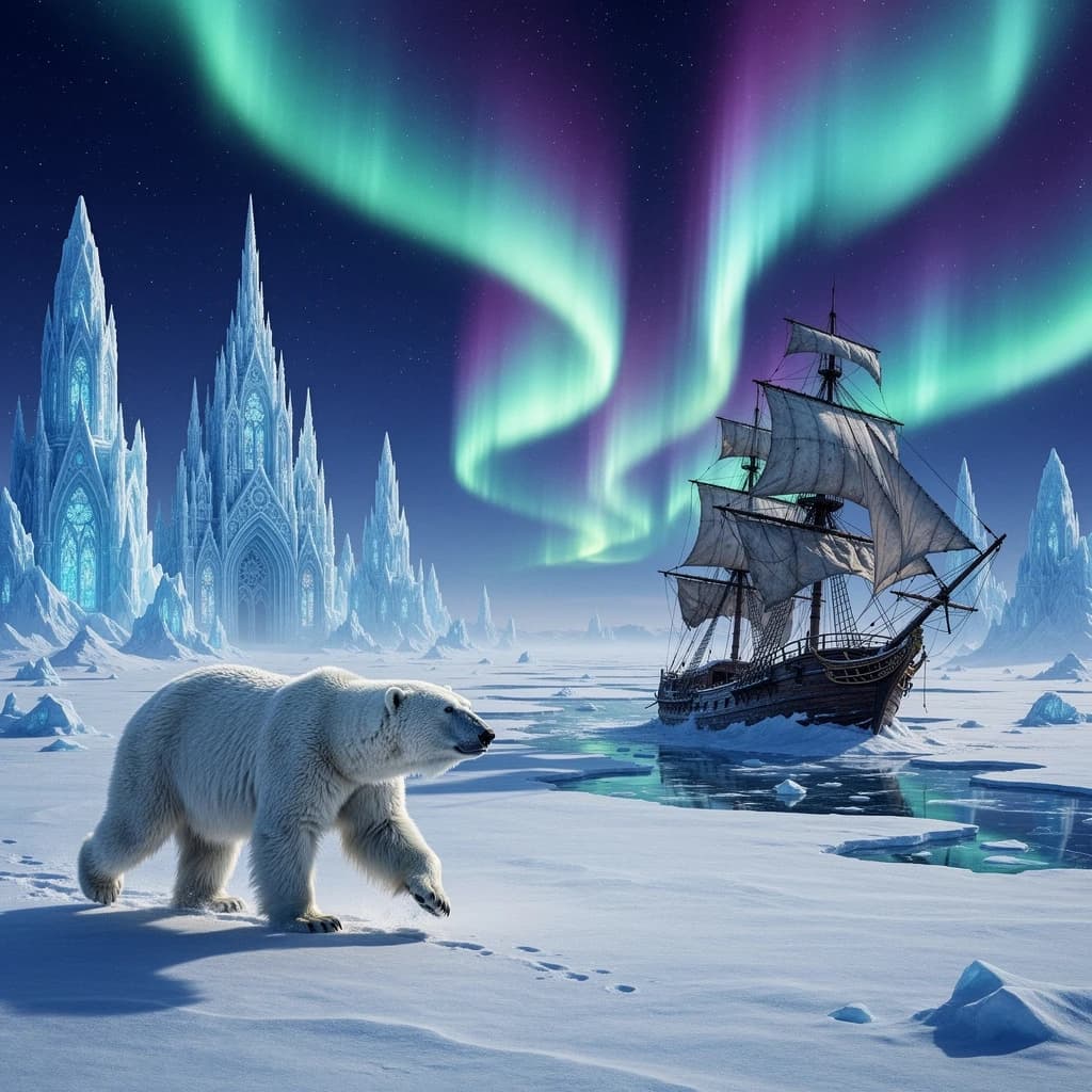 An endless tundra stretches outward, littered with jagged icebergs shaped like cathedral spires. A polar bear trudges across the foreground but leaves no tracks. Auroras ripple overhead. A half-buried shipwreck juts from the snow — sails billowing despite the still air.