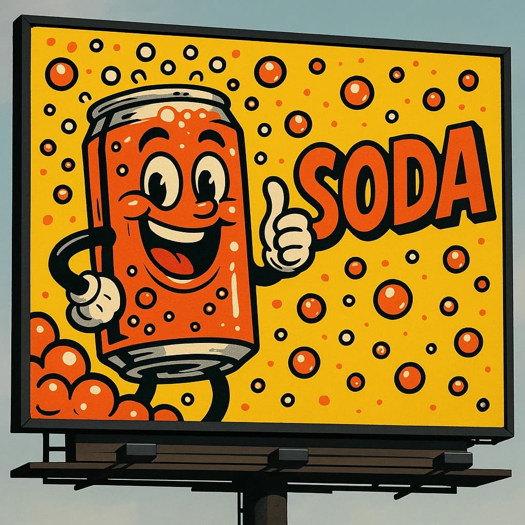 Design a bright soda billboard ad with a bubbly can mascot, thick inky lines.