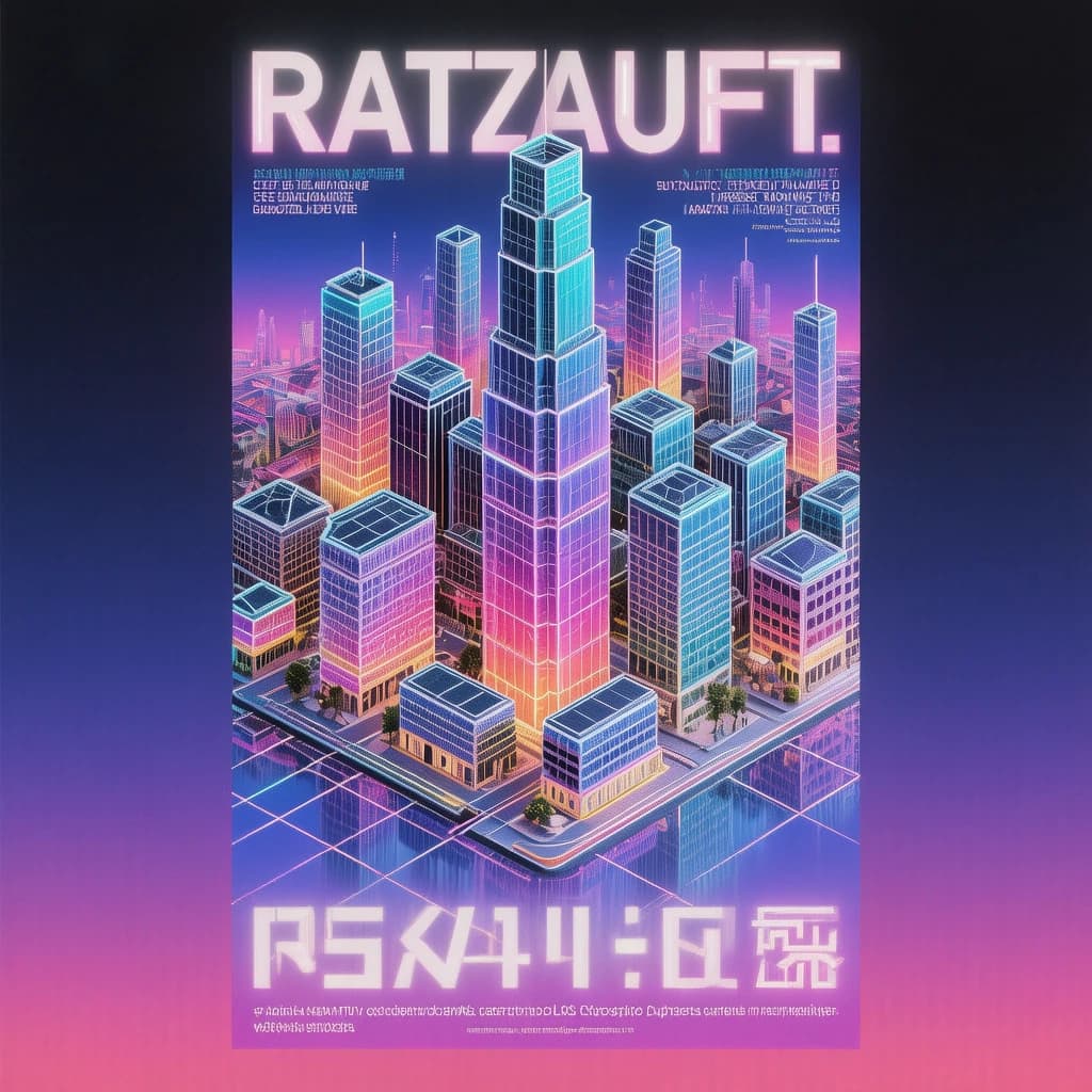 Render an isometric city poster with geometric buildings, neon gradients, gloss highlights, soft AO shadows, clean sans-serif lettering, grid layout, reflections a bit overexposed.