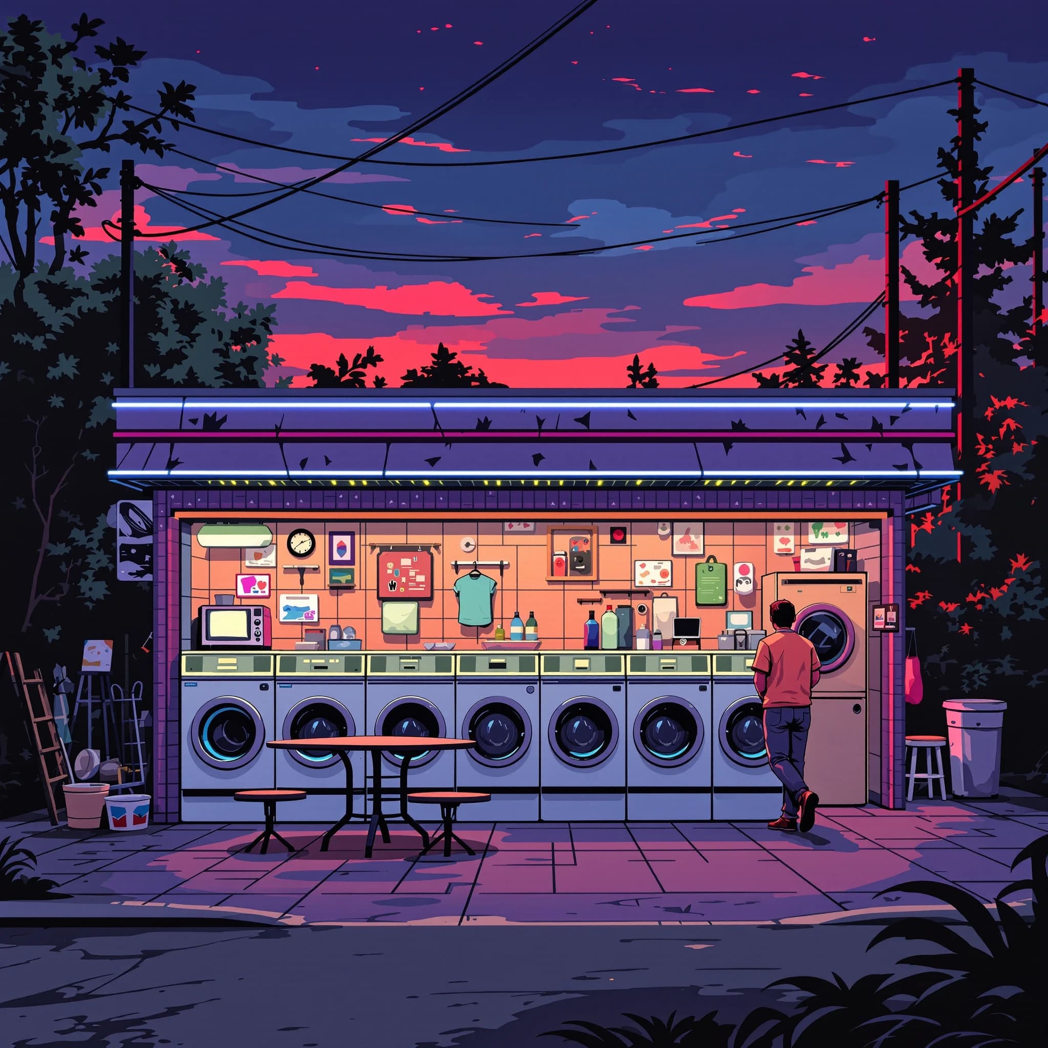 A cozy laundromat at dusk, neon humming, flat colors, bold inked lines.