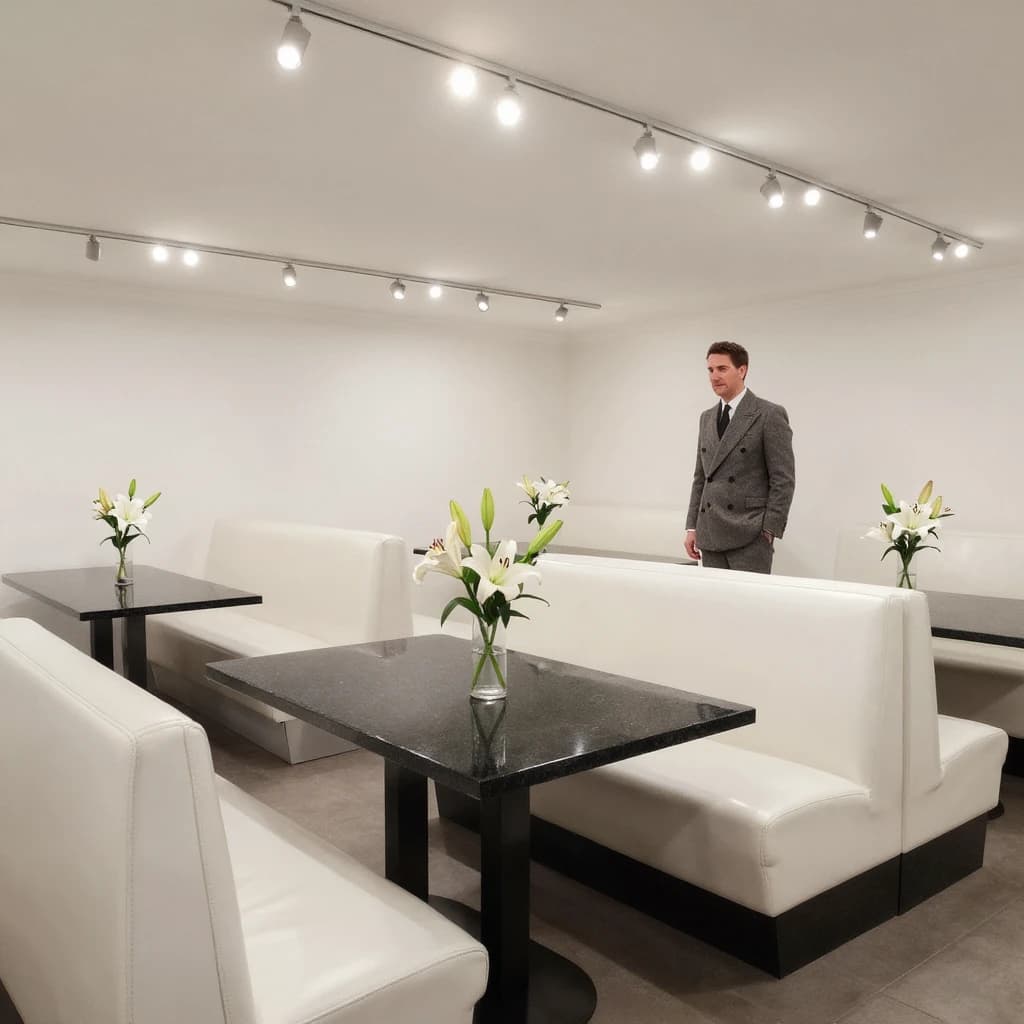 The place is almost empty. The banquettes are covered in white leather, the tables black granite, and the entire room is bathed in halogen track lighting that seems too bright. The maître d’ wears a double-breasted wool crepe jacket. There are lilies on every table.