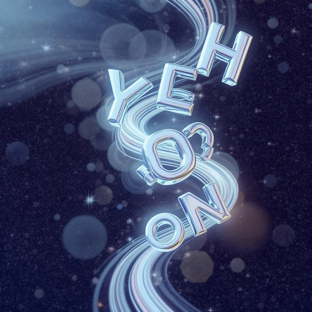 Render chrome 3D letters twisting in midair, soft glow, a bit of grain.