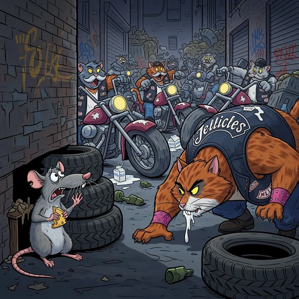 The cartoon rat clenches his thin wedge of cheese and trembles in fear as he hides from the menacing Jellicles, the roaming cat motorcycle gang, all wearing their colors with the name on the back. The cats have all drunk far too much milk and are causing a big ruckus! One cat is close to finding the rat