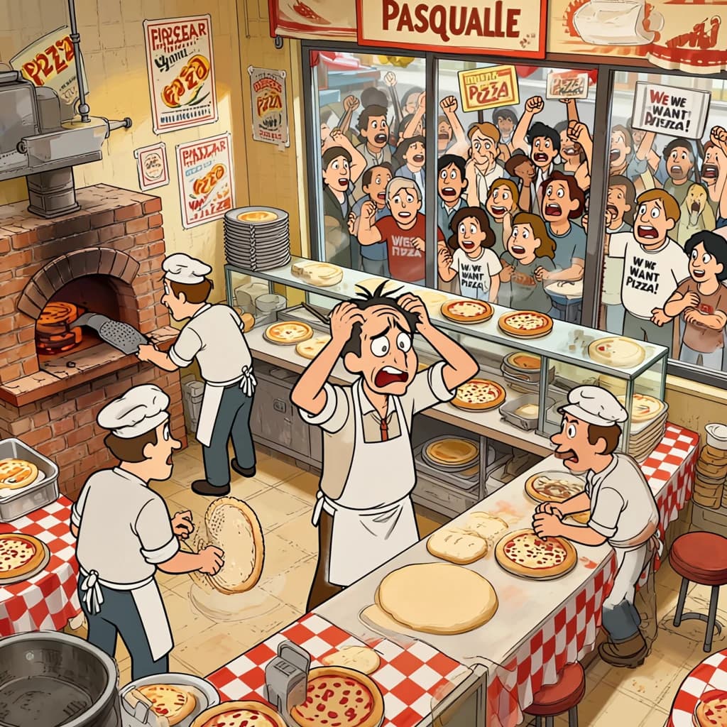 Pasquale is pulling his few remaining hairs out over a disaster at the pizzeria - the cooks are working as fast as they can but the crowds outside are swelling and they demand hot hot pizza! They are banging on the glass and some are wearing "we want pizza" shirts. 1980s western TV animation style.