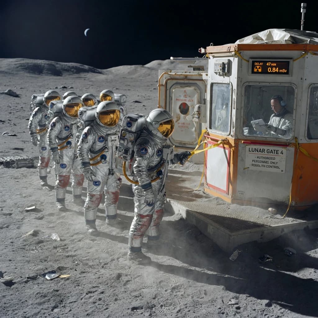 Silver exosuits queue at a dusty lunar checkpoint.