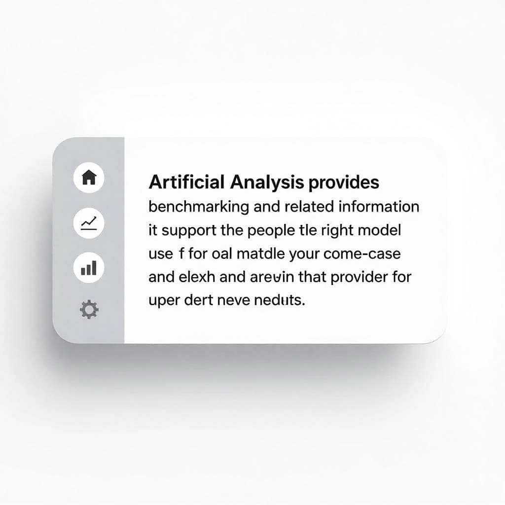 On a high-resolution dashboard mockup with a clean white background, display a centered text module in Helvetica Neue Regular, 18pt, black: “Artificial Analysis provides benchmarking and related information to support people & organizations in choosing the right model for their use-case and which provider to use for that model.” The text box is justified, but the final word wraps awkwardly onto its own line. To the left, a vertical navigation bar in light gray with three icons - home, chart, and settings - aligned evenly but casting misaligned shadows. In the upper right, the Artificial Analysis logo appears faintly, semi-transparent, watermarked over the corner of the interface.