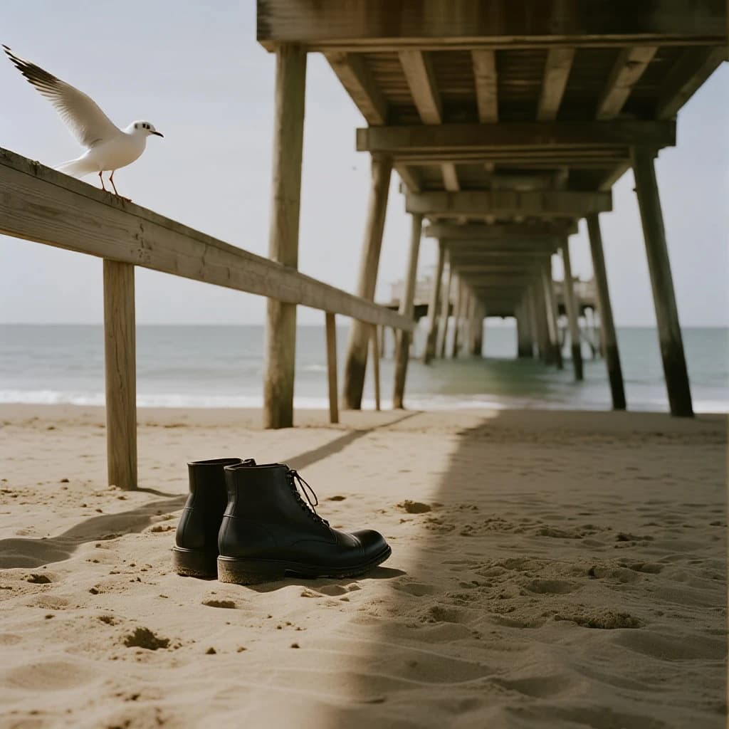 The beach is flat, sand beige, granular, no shells, except for a single left shoe, black leather, size eleven, half buried at an angle. The pier extends straight into the water, wood untreated, grain visible, though the support posts vanish before they touch the surface. The sky is uniformly gray, no clouds, yet shadows stretch at sharp diagonals. A single gull sits on the railing, wings outstretched, frozen mid-flap, no movement.