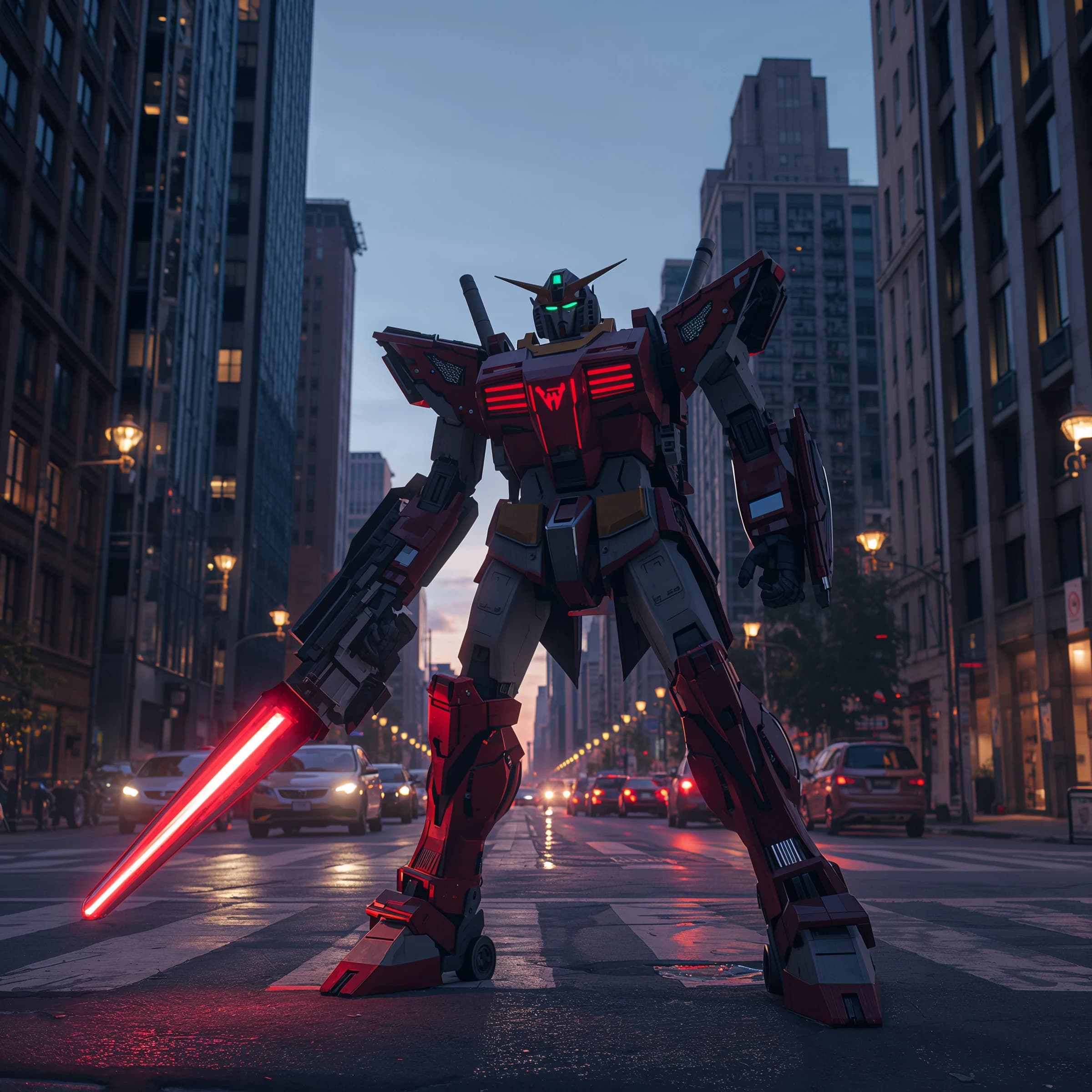 Make a cel-shaded mecha duel at dusk downtown.