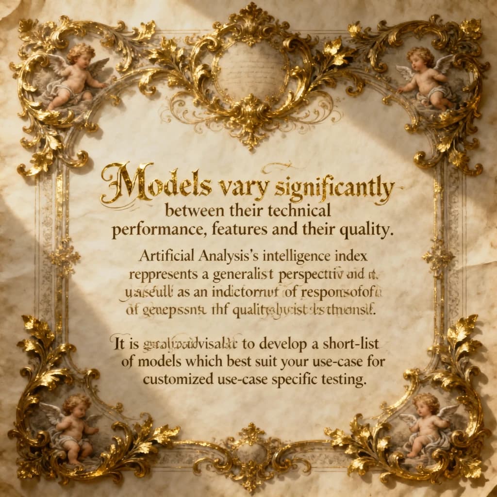 On a flat layout, write in an ornate baroque style "Models vary significantly between their technical performance, features and their quality. Artificial Analysis's intelligence index represents a generalist perspective and is useful as an indicator of the quality of responses. It is generally advisable to develop a short-list of models which best suit your use-case for customized use-case specific testing. "