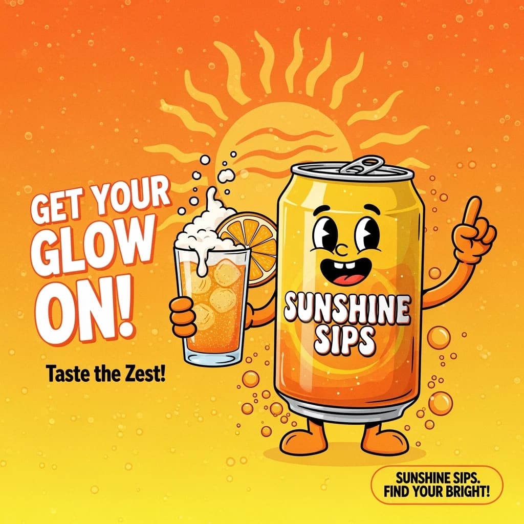 Design a bright soda billboard ad with a bubbly can mascot, thick inky lines.