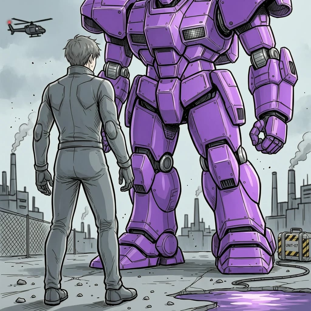 Clad in his body suit up to the neck, young Masa nervously approaches the towering mech with his back facing us. He is nervous for his first time in the field. The mech's bright purple colour scheme contrasts with the grey body suit. The scale of the mech dwarfs Masa. Hand drawn style