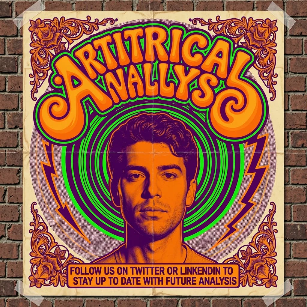A portrait layout psychedelic concert poster from 1972 bathed in saturated oranges, deep purples, and acid greens. Swirling, hand-drawn typography arcs across the top, spelling out Artificial Analysis in bold, distorted letters that melt into spirals. Surrounded by radiating concentric circles and lightning-bolt motifs. The background is textured with halftone dots and faded paper creases, evoking a well-worn poster taped to a brick wall. Ornate floral borders frame the design, while the bottom features blocky retro lettering listing “Follow us on Twitter or LinkedIn to stay up to date with future analysis” in smaller text. 