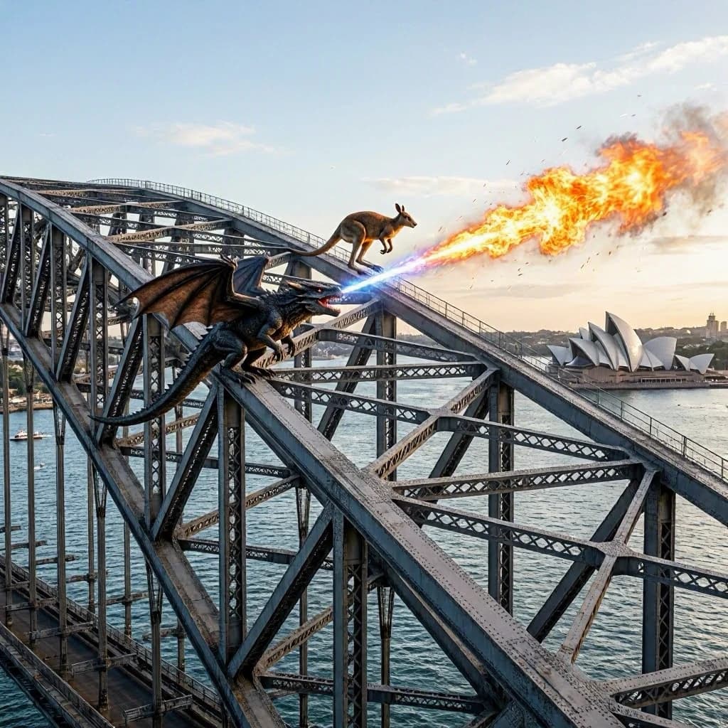 A dragon breathes fire at a kangaroo that is running away by climbing over the top of the Sydney Harbour Bridge. Opera House visible in the background.