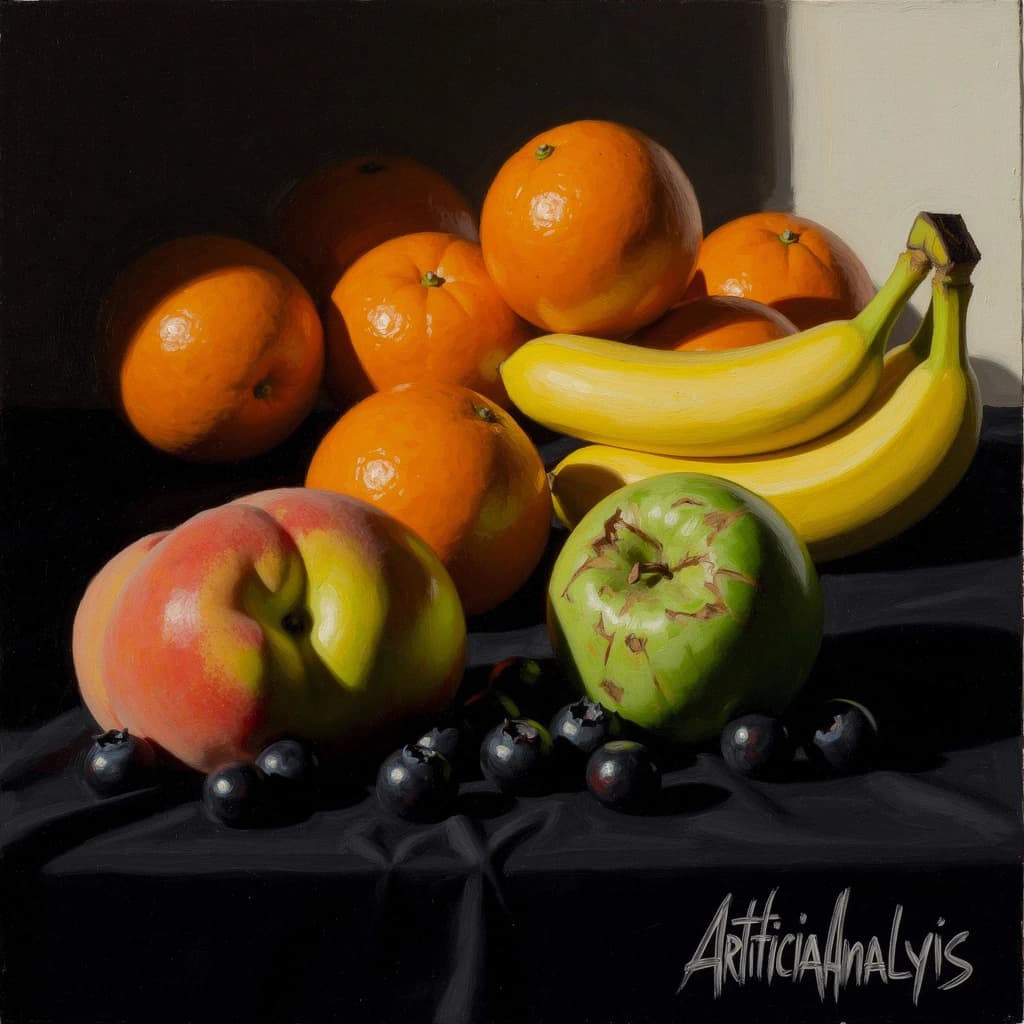 A still life scene painted oil on canvas, comprising various fruits on a black table cloth with striking lighting coming from the right out of frame, creating strong shadows. A bruised green apple is in the foreground, a peach behind it, and behind that a melange of oranges and bananas in various states of ripeness. Berries are strewn in front of the apple. The artist has signed his name "Artificial Analysis" in the bottom right corner in a hurried fashion.