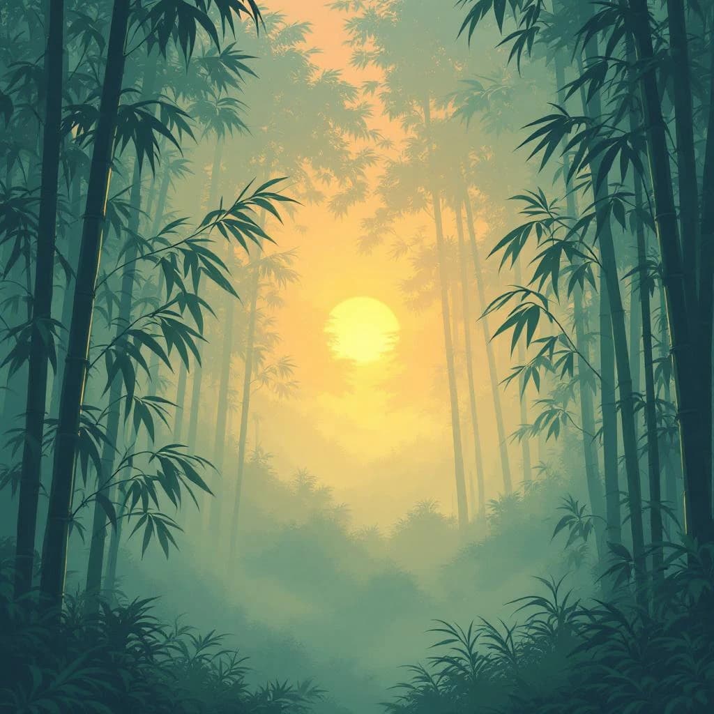 Give me a misty bamboo forest at sunrise, bold outlines, slightly cel-shaded.