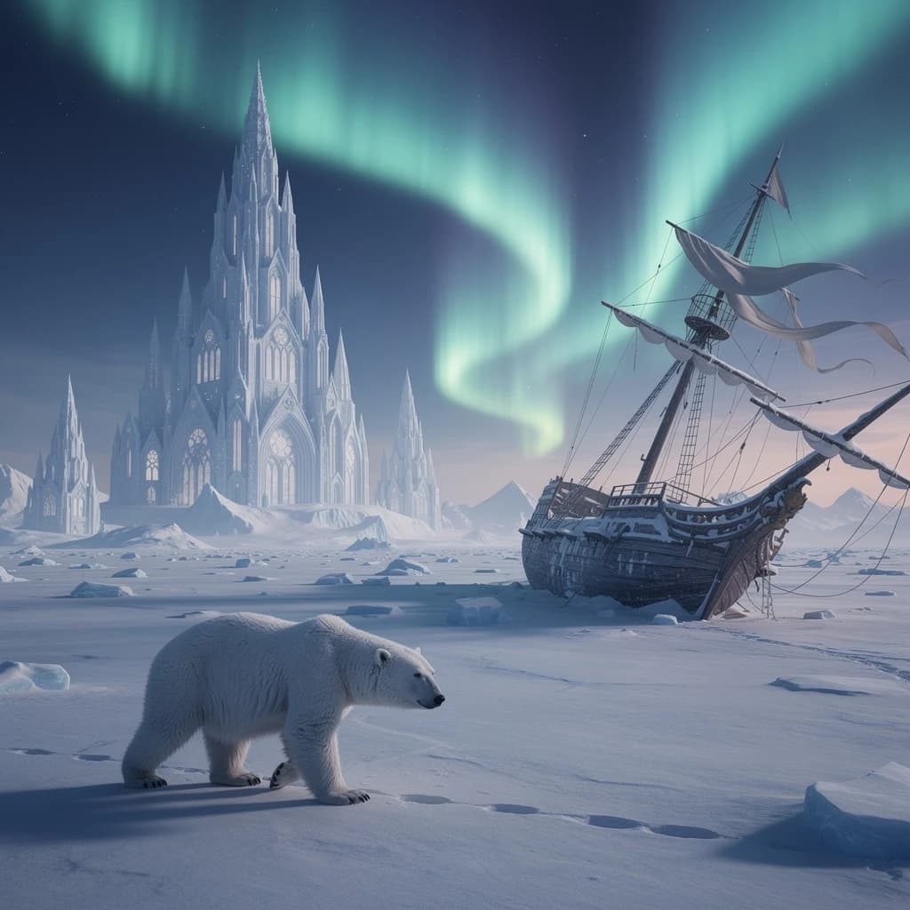 An endless tundra stretches outward, littered with jagged icebergs shaped like cathedral spires. A polar bear trudges across the foreground but leaves no tracks. Auroras ripple overhead. A half-buried shipwreck juts from the snow — sails billowing despite the still air.