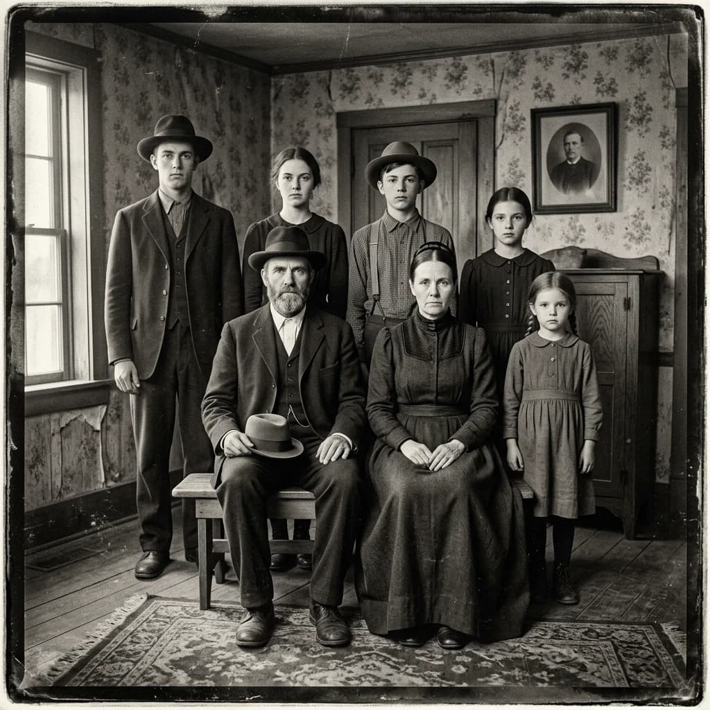 Everybody holds still and nobody smiles for the family portrait. It's 1928 in Kansas