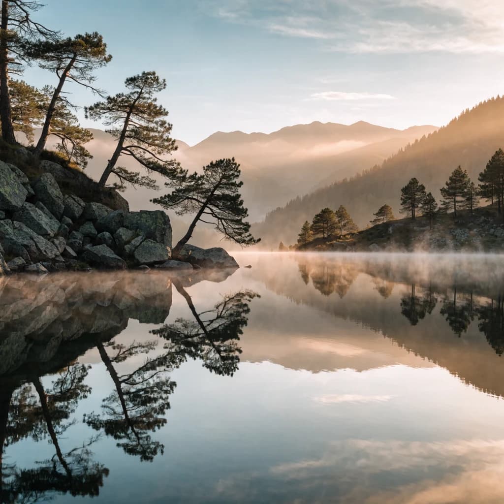 I want a photo of a misty alpine lake at dawn, pines, glassy water, warm light.
