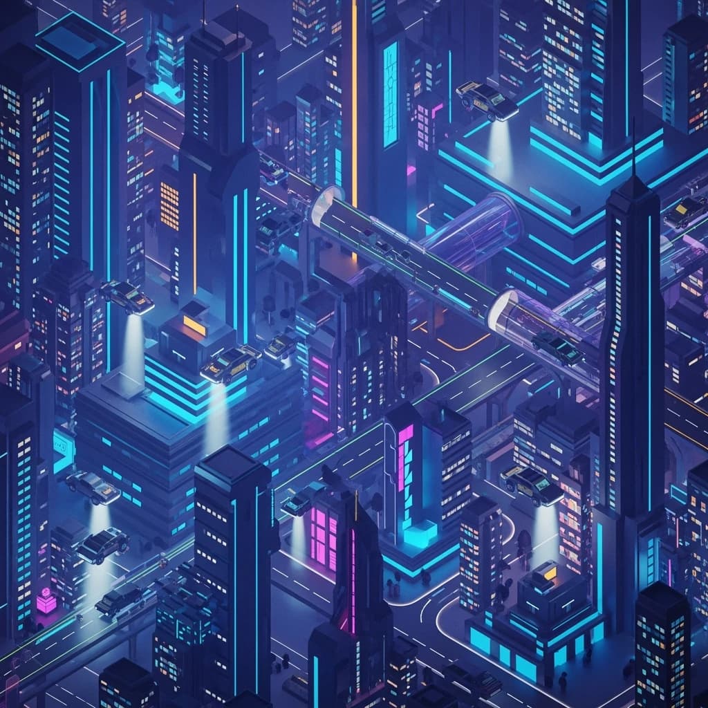 Design an isometric neon city with hovering taxis, clean lines, soft glow.
