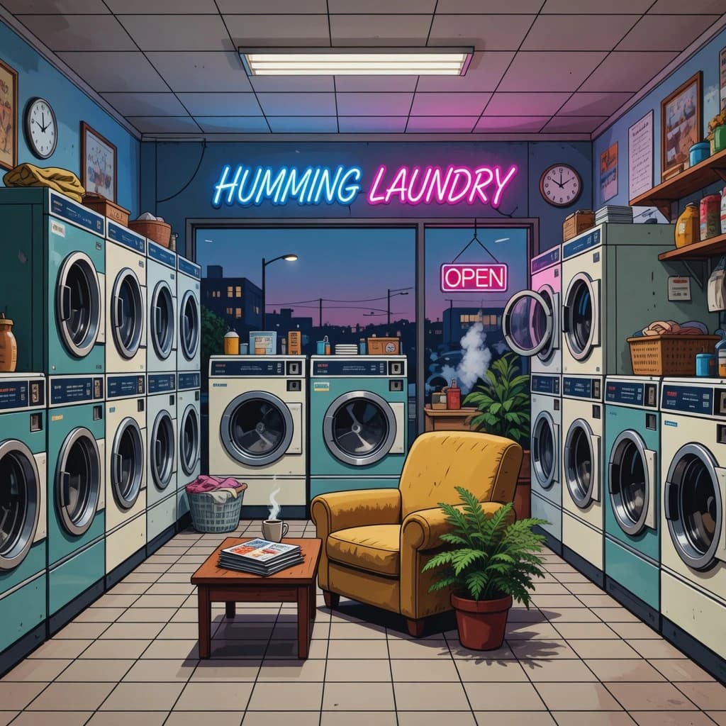 A cozy laundromat at dusk, neon humming, flat colors, bold inked lines.